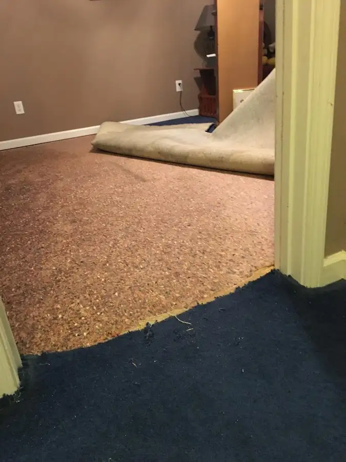 Carpet pad removal revealing water damage during Drying & Dehumidification in Robeson